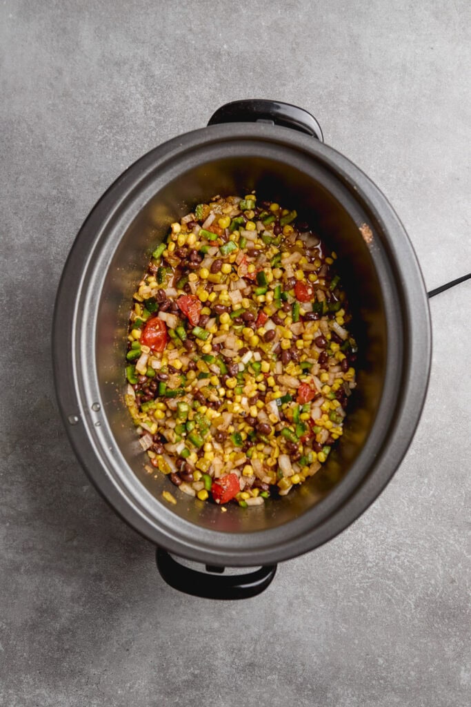 chicken tortilla soup ingredients in a slow cooker