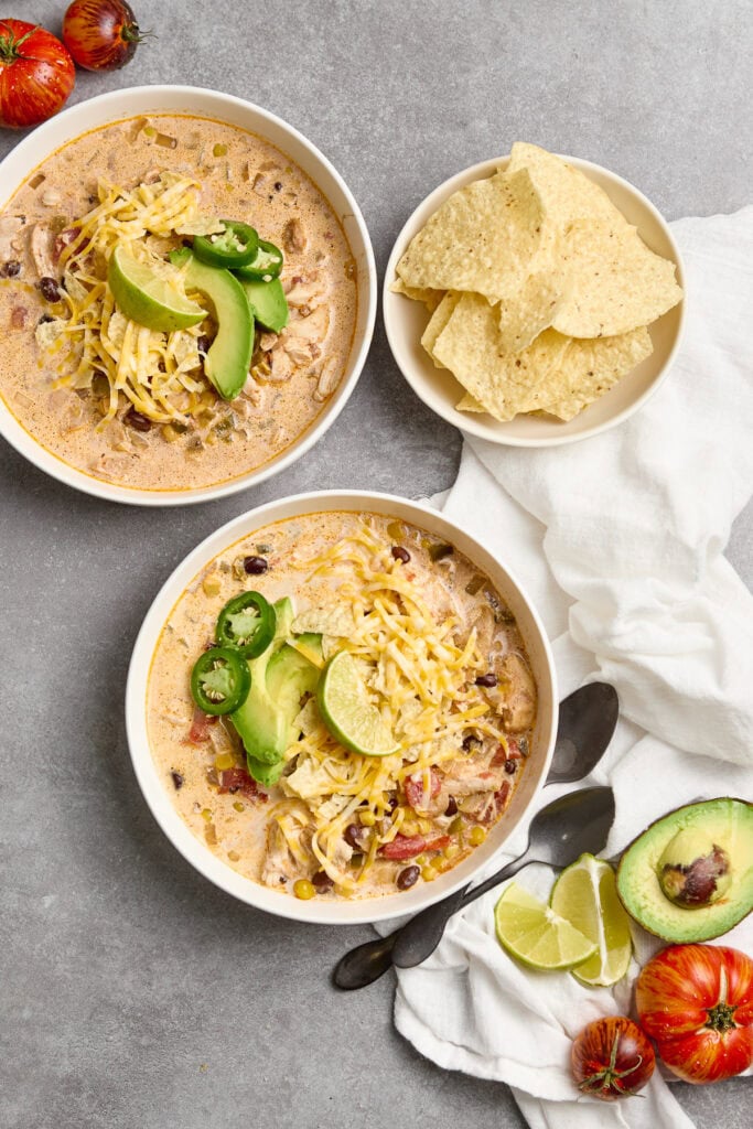 2 bowls of creamy slow cooker chicken tortilla soup