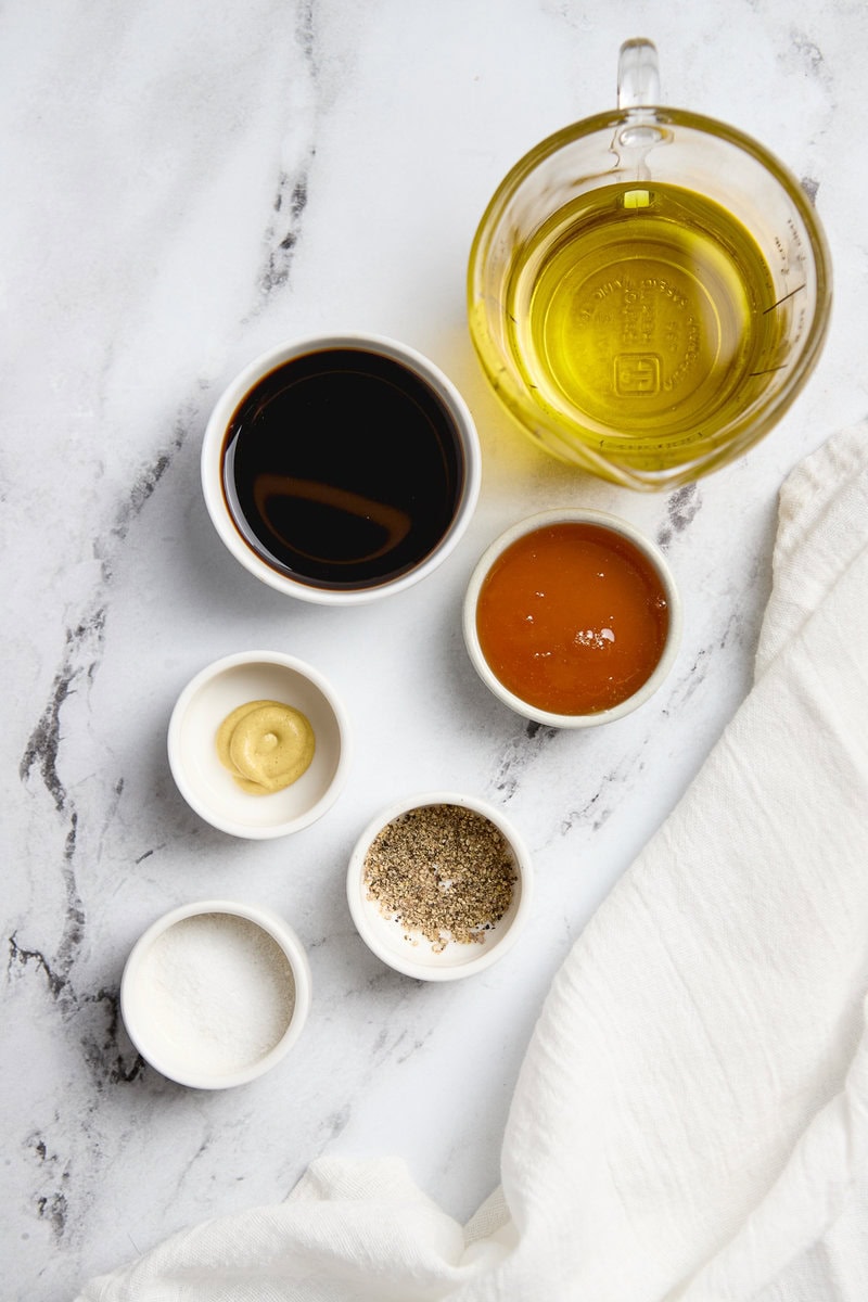 Honey Balsamic Vinaigrette Ingredients in bowls