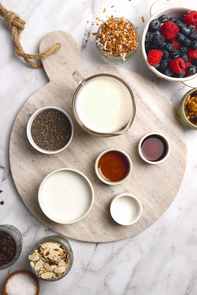 Chia seed pudding ingredients in bowls