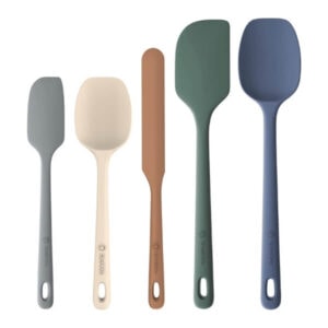 Soft-touch silicone spatulas in pastel colors for baking and cooking, heat-resistant and durable kitchen tools from Stuck On Sweet. Perfect for non-stick cookware.