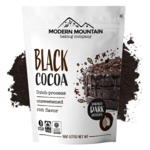 Organic black cocoa powder for baking, Dutch-process, unsweetened, rich flavor, vegan, eco-friendly packaging, ideal for desserts and baking recipes.