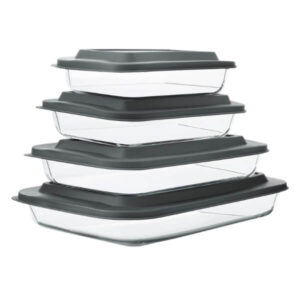 Stacked glass food storage containers with black lids, BPA-free, meal prep ready, versatile refrigerator organization, heat and dishwasher safe, perfect for salads, leftovers, and more.