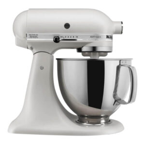 Metallic stand mixer for baking and dessert decoration, kitchen appliance, professional baking equipment, white color kitchen mixer, food preparation appliance, baking tools and accessories, stainless steel bowl, culinary prep gear, home bakery essentials, kitchen baking gadgets.