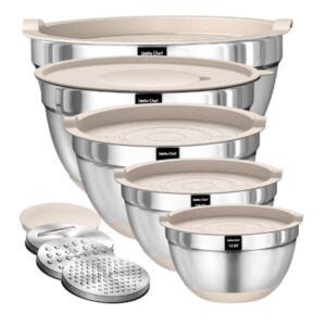 Stainless steel nesting mixing bowls set with non-slip silicone bases, ideal for baking, cooking, and food prep, includes 5 different sizes and matching stir tools for kitchen convenience.