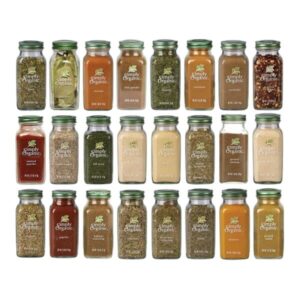 Organic spice jars collection from Simply Organic, featuring herbs, spices, and seasonings in glass jars with green lids. Perfect for cooking and seasoning dishes.