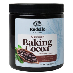 Baking cocoa powder jar for baking, smoothies, and desserts, Dutch processed, rich chocolate flavor, 8 oz, from Rodelle. Suitable for homemade treats and chocolate recipes.