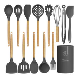 High-quality kitchen utensil set with black silicone heads and bamboo handles, including spatulas, slotted spoons, whisks, tongs, and storage container, perfect for cooking and baking.