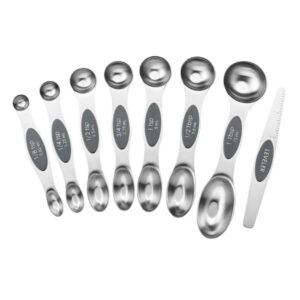 Stainless steel measuring spoons set with engraved size markings and a leveler for precise baking and cooking measurements.