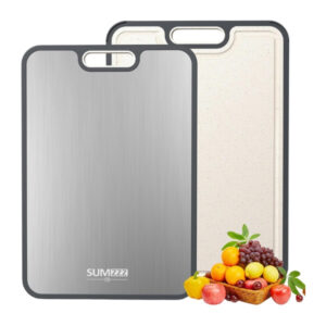 High-quality slicing and serving cheese board with durable stainless steel surface and black plastic edges for kitchen or dining room use.