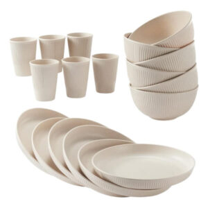 White ribbed ceramic dinnerware set including bowls, plates, and cups for everyday dining and entertaining, dishwasher safe, stylish and durable kitchen tableware.