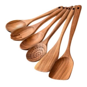 Natural wooden cooking spoons set, handcrafted kitchen utensils with variety of slotted and solid designs, ideal for cooking, stirring, and serving.