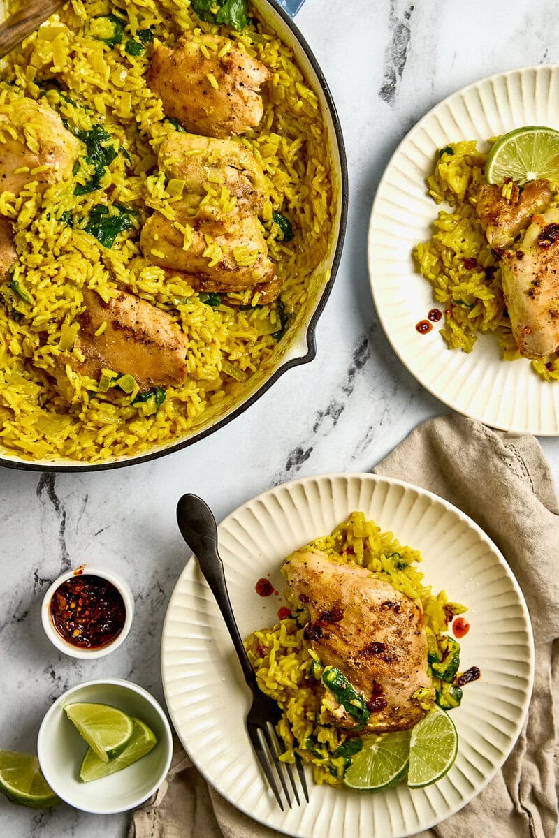 One Pan Coconut Curry Rice with Spinach and Chicken