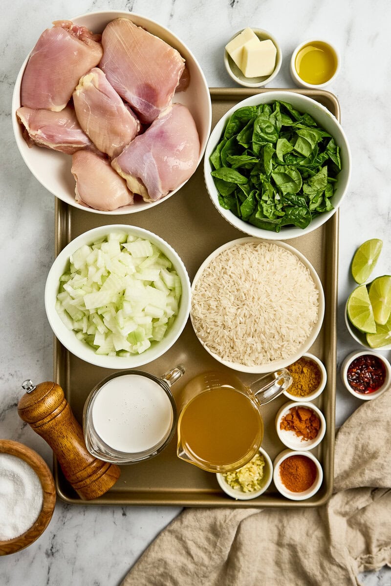 One Pan Coconut Curry Rice with Spinach and Chicken