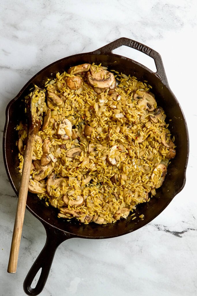 Savory rice with mushrooms and onions in a cast iron skillet, perfect for a home-cooked meal or side dish, showcasing fresh ingredients and delicious flavors.