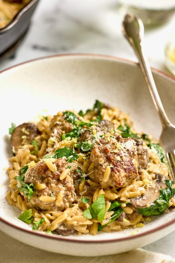 Creamy mushroom orzo pasta dish with spinach and meatballs and cheese in a white bowl.