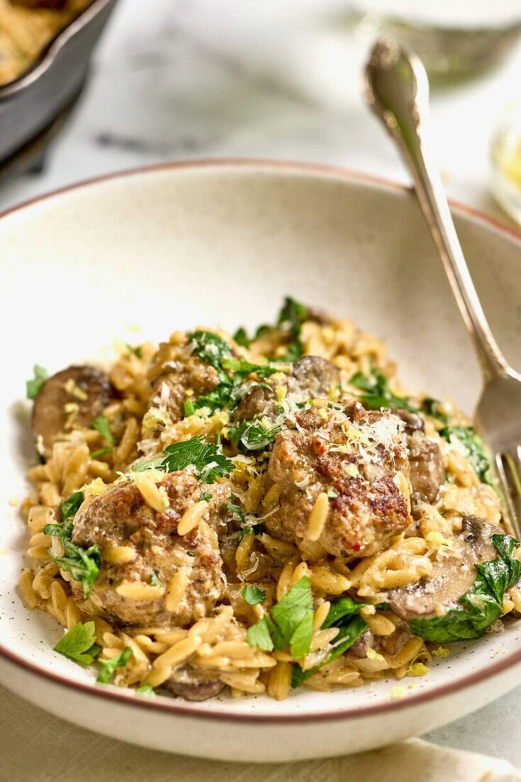 Creamy mushroom orzo pasta dish with spinach and meatballs and cheese in a white bowl.