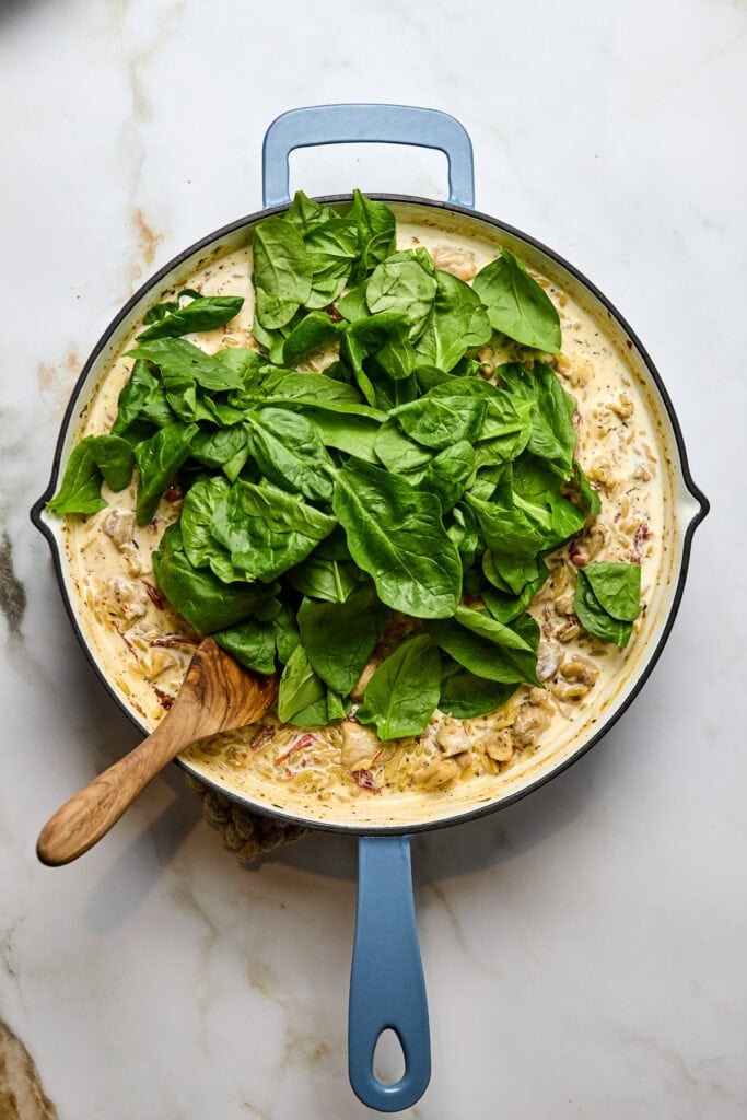 Delicious cheesy chicken pasta topped with fresh green spinach in a blue skillet, perfect comfort food recipe.