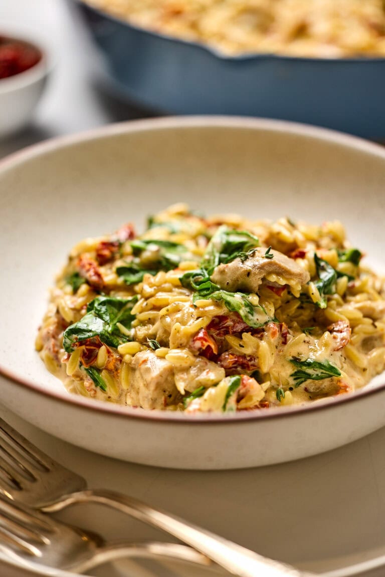 Delicious creamy one-pot Marry Me Chicken With Orzo, sun-dried tomatoes, and spinach tossed in a savory cheese sauce, served in a stylish bowl. Perfect comfort food for dinner or family meals.
