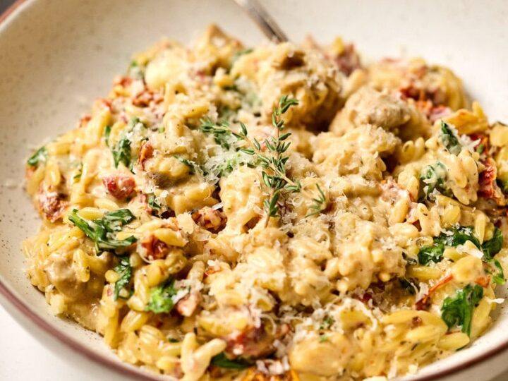 Deep close-up of a bowl of creamy marry me chicken orzo garnished with herbs, cheese, and vegetables. Perfect comfort food for dinner, featuring tender chicken, pasta, and a rich, flavorful sauce.