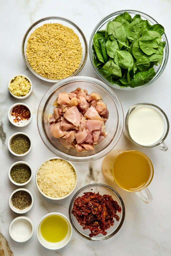 Brightly colored ingredients for delicious marry me chicken orzo