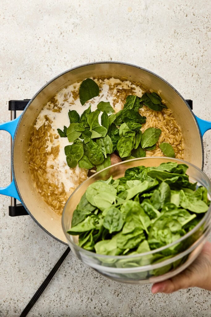 Fresh spinach being added to a creamy cheese and pasta dish in a blue pot, highlighting healthy ingredients and delicious comfort food.